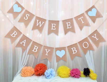Sweet Baby Boy Burlap Banner - Rustic Baby Shower Decorations, Photo Props (Sweet Baby Boy Blue)