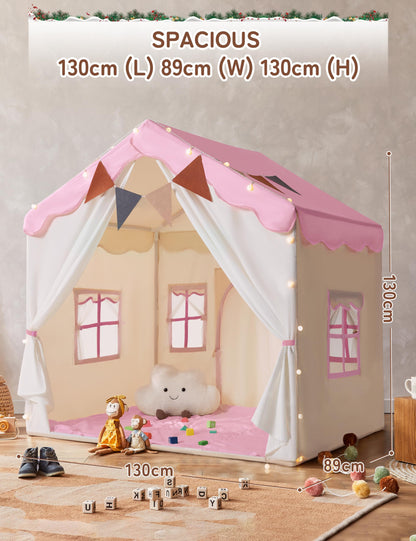 BESREY Kids Play Tent - 2 in 1 with Padded Mat & Lights, Large Playhouse with 2 Doors & 4 Windows, Indoor & Outdoor, Christmas Toddler Play Tent, 51" x 35" x 51