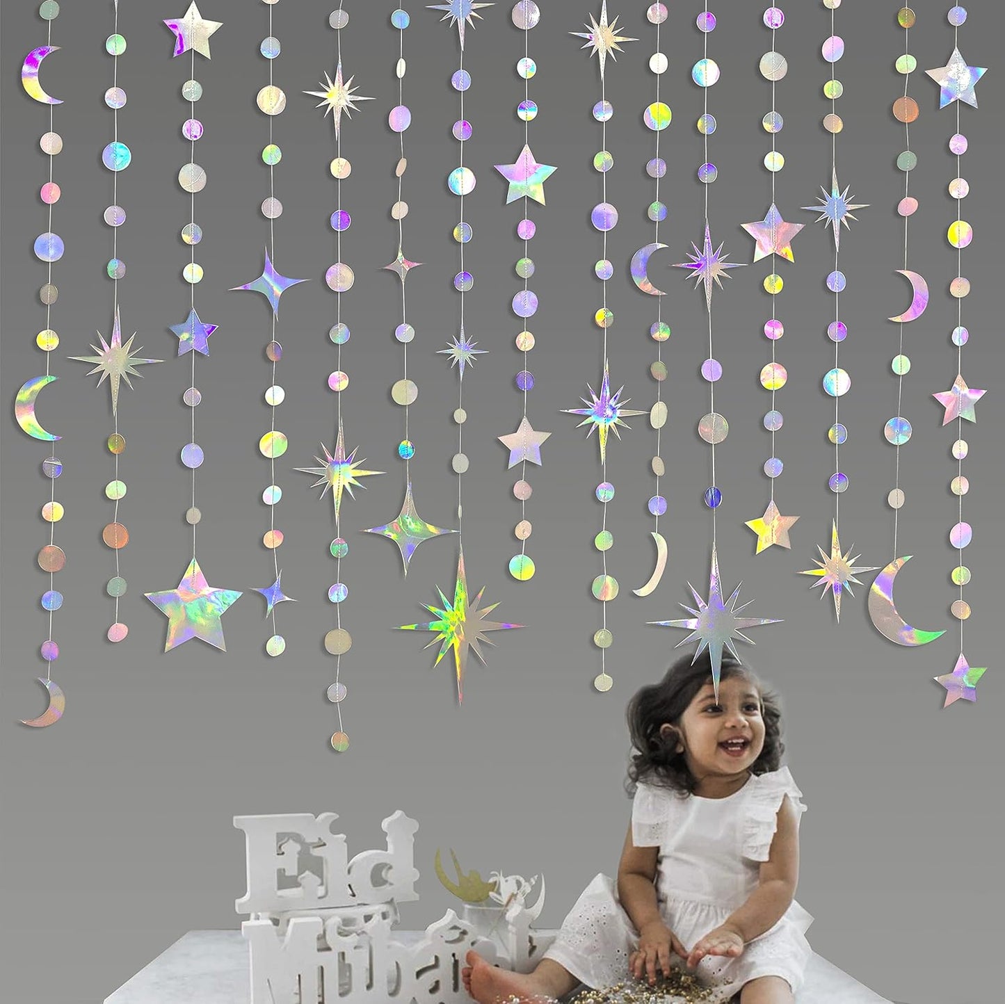 Iridescent Star Moon Circle Dot Garland Party Decoration Kit Hanging Crescent and Twinkle Little Star Streamer Bunting Banner for Kids First Birthday Ramadan EID Mubarak Baby Shower Wedding Decor