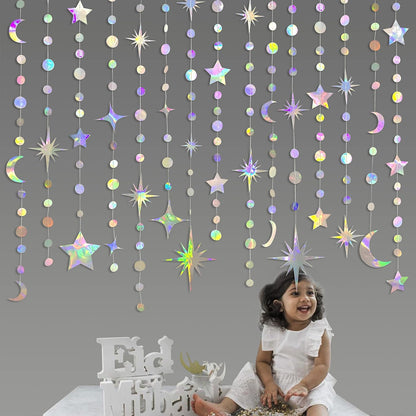Iridescent Star Moon Circle Dot Garland Party Decoration Kit Hanging Crescent and Twinkle Little Star Streamer Bunting Banner for Kids First Birthday Ramadan EID Mubarak Baby Shower Wedding Decor