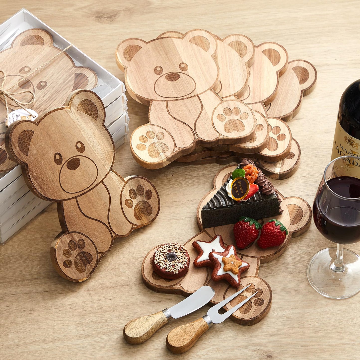 1 Set Baby Shower Party Favors Bear Shaped Cheese Board Set, Include Small Wood Cutting Charcuterie Boards with Knives and Forks Gift Box for Wedding Bridal Shower Birthday (Acacia Color)