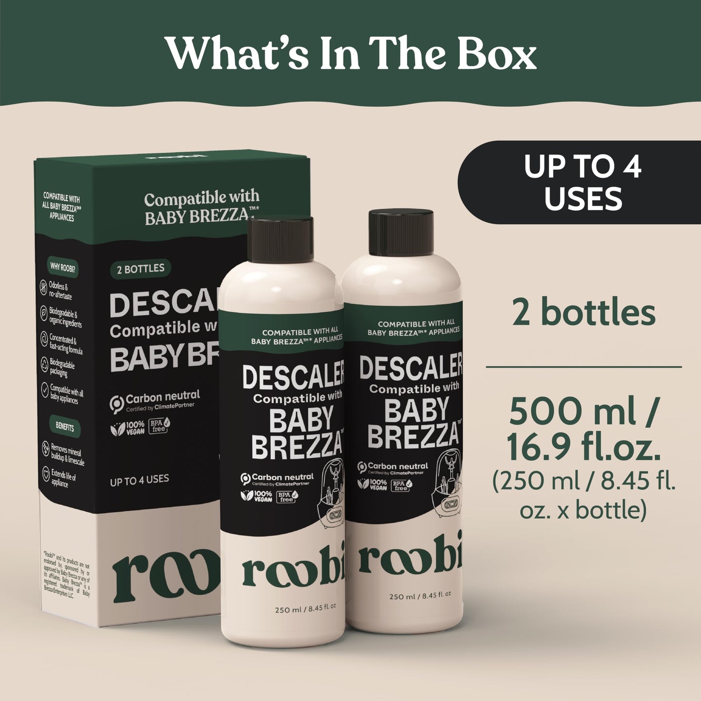 Roobi Detergent Tablets Compatible with Baby Brezza Bottle Washer Pro. Removes Milk Residue & Odor, Hypoallergenic Carbon Neutral Formula. 120 Count.