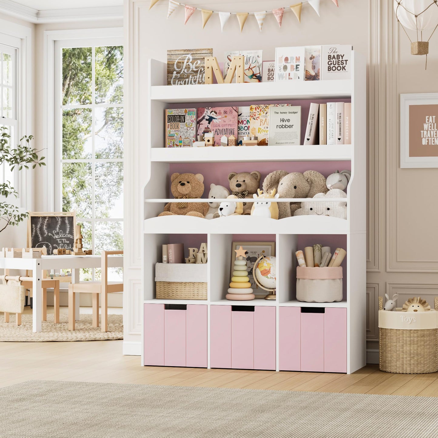 HITHOS 55.3" H Kids Bookshelf with Toy Storage Organizer, Tall Book Shelf with 3 Movable Toy Storage Bins, Large Kids Bookcase with Toy Chest, 39.2" W Modern Toy Box for Kids Room, Playroom, White
