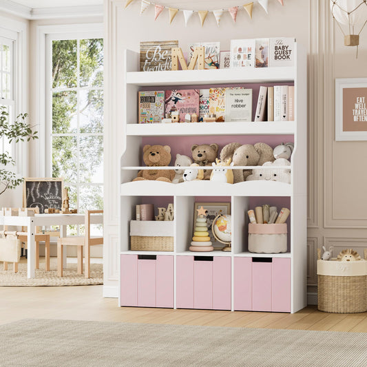 HITHOS 55.3" H Kids Bookshelf with Toy Storage Organizer, Tall Book Shelf with 3 Movable Toy Storage Bins, Large Kids Bookcase with Toy Chest, 39.2" W Modern Toy Box for Kids Room, Playroom, White