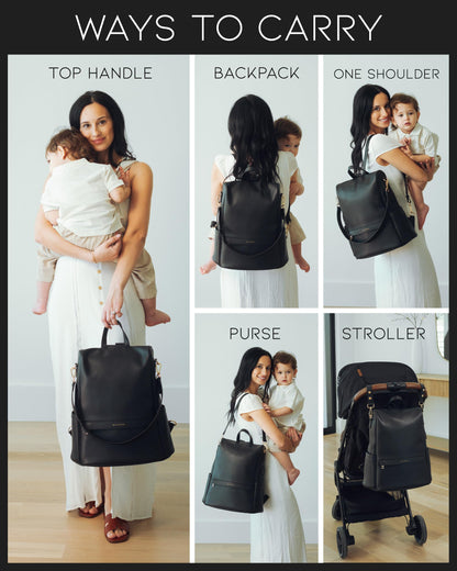 Leather Diaper Bag Backpack with USB Charging port, Changing Pad, Stroller Straps, and Bottle Holder (Brown Olivia)