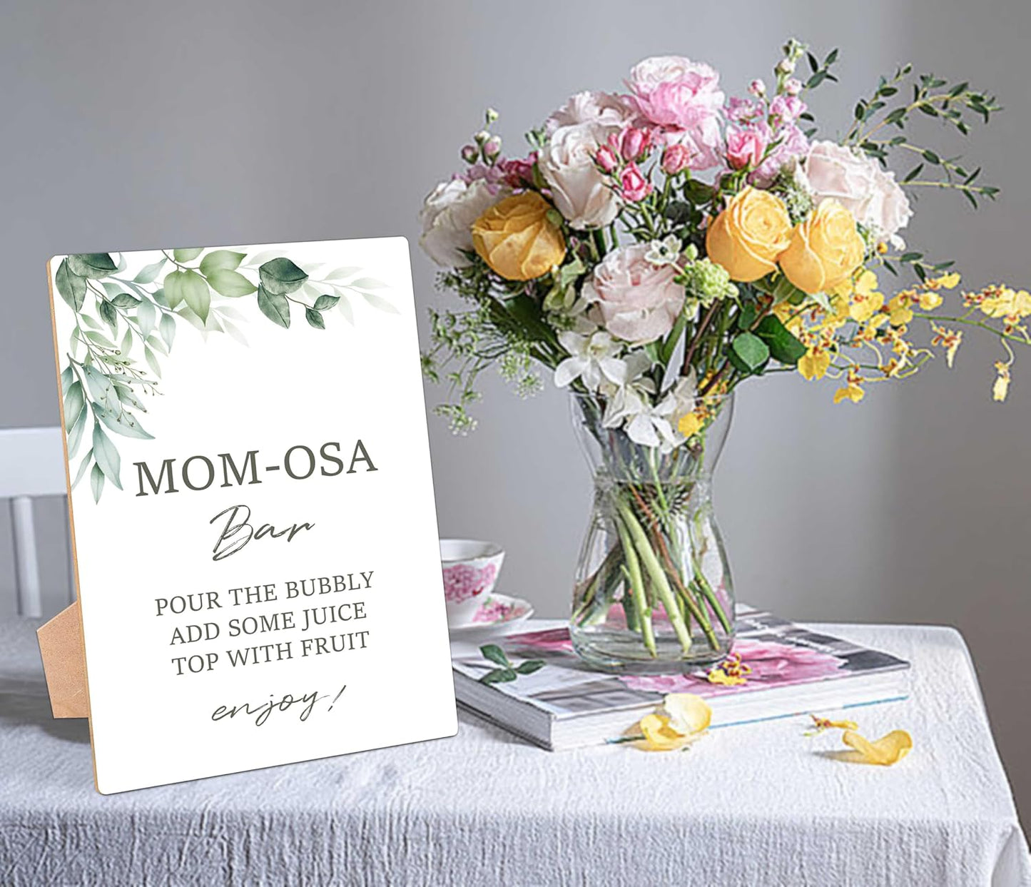 Greenery Baby Shower Table Sign, Mom-osa Bar Sign, Pack of 1 Wooden Tabletop Sign with Stand, Green Baby Shower Supplies, Gender Reveal Party Decorations - RG21