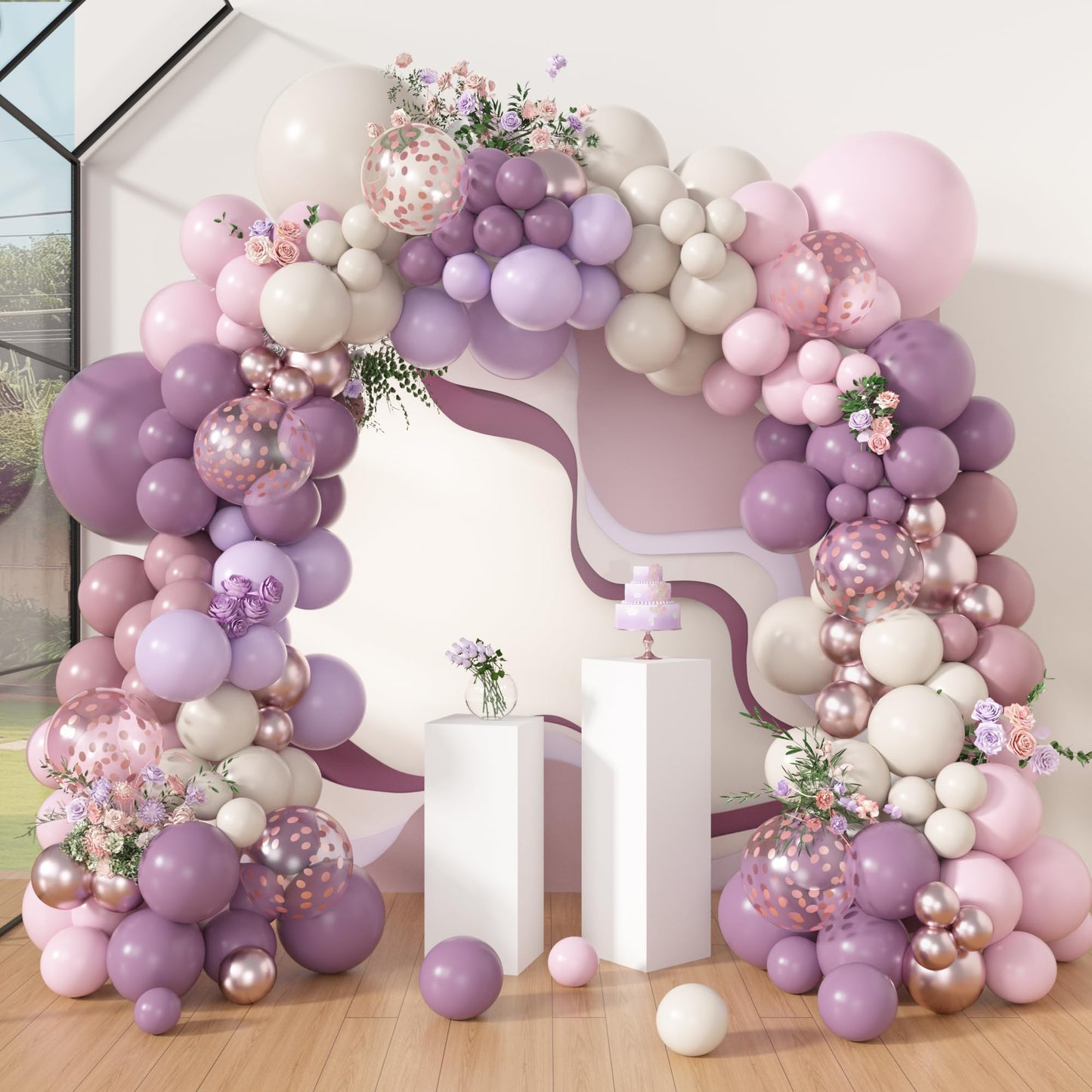 Amandir 173Pcs Pink Blue Green Balloon Arch Garland Kit, Dusty Baby Pink Mauve Pastel Mist Haze Green Blue Gold Confetti Balloons for Baby Shower Gender Reveal Wildflower Birthday Party Decorations