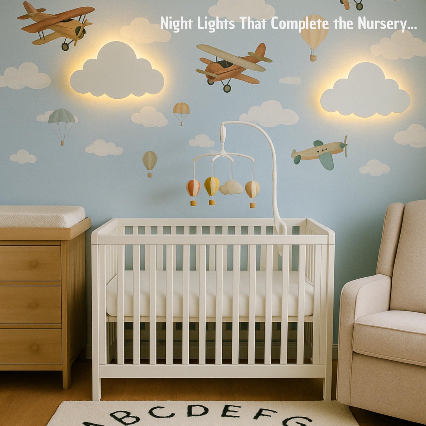 Cloud Lamp (Pack of 1) with Nursery Wall Decals - Baby Night Light - Cloud Nursery Decor - 3 Levels Dimmer - Rechargeable - Baby Room Decor - Nursery Lighting