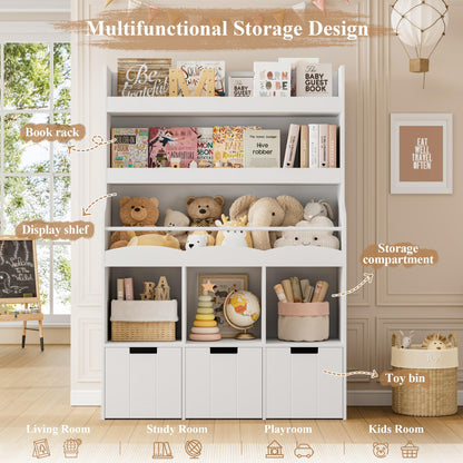HITHOS 55.3" H Kids Bookshelf with Toy Storage Organizer, Tall Book Shelf with 3 Movable Toy Storage Bins, Large Kids Bookcase with Toy Chest, 39.2" W Modern Toy Box for Kids Room, Playroom, White
