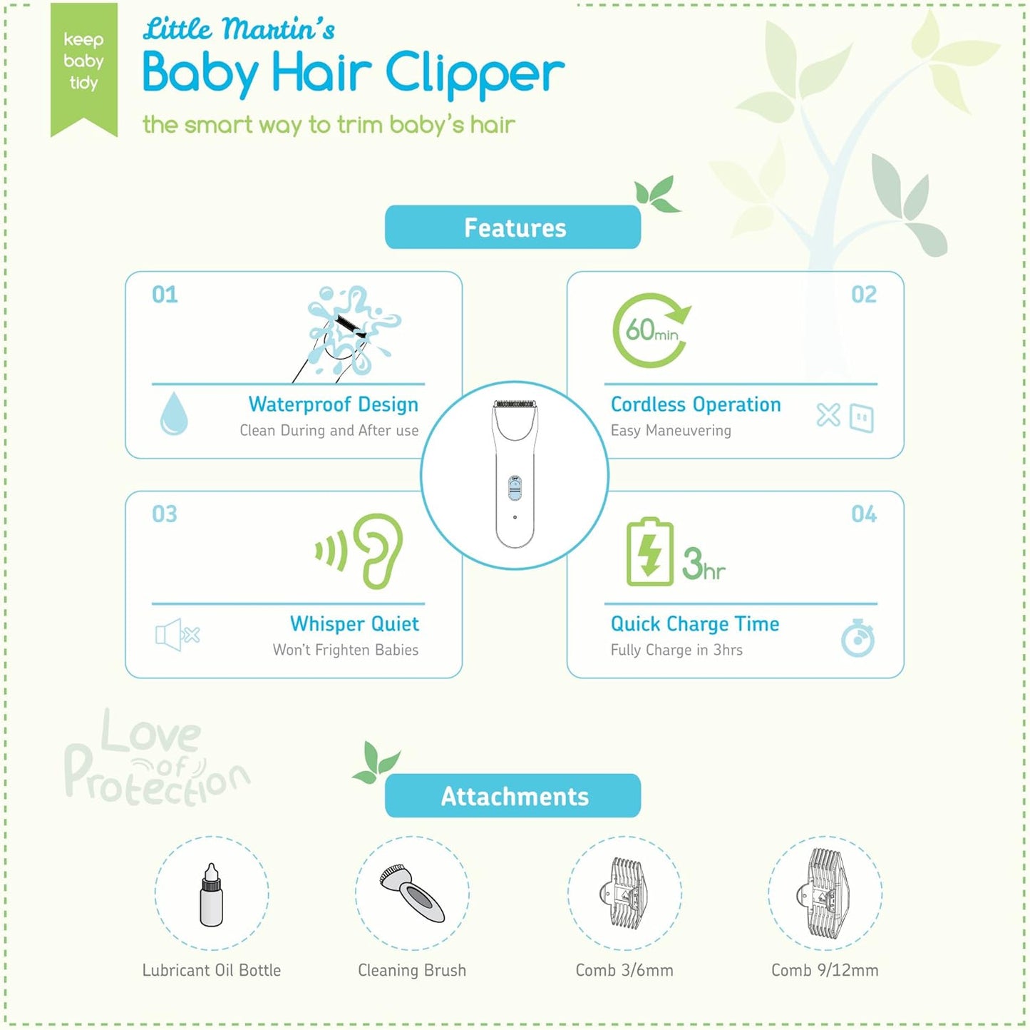 Little Martin's Baby Hair Clipper - Professional Quiet Baby Hair Trimmers - Rechargeable Waterproof Grooming Kit Safety for Toddlers & Kids (Blue)