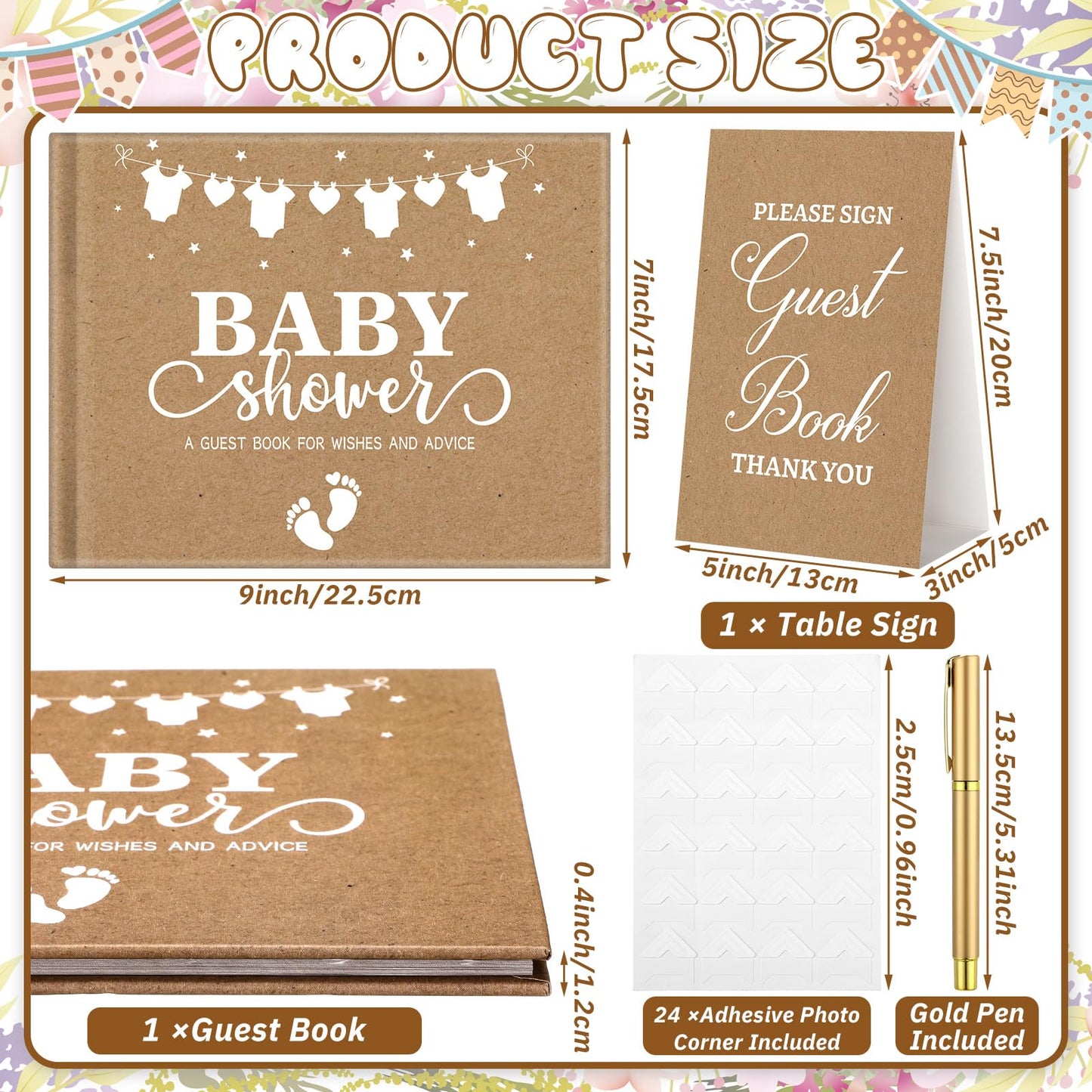 27 Pcs Butterfly Floral Baby Shower Guest Book Set Baby Shower Sign in Guest Floral Book Place Table Cards with Gold Pen Adhesive Photo Corner for Birthday Party