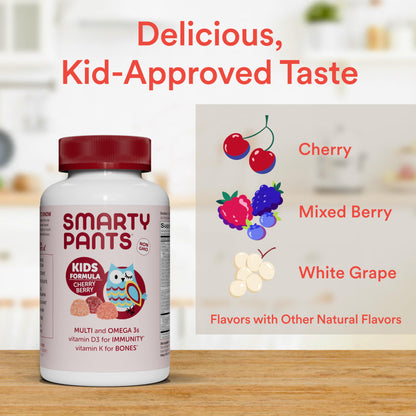 SmartyPants Kids Multivitamin Gummies: Omega 3 Fish Oil (EPA/DHA), Vitamin D3, C, Vitamin B12, B6, A, K & Zinc for Immune Support, Biotin, Gluten Free, Three Fruit Flavors, 120 Count (30 Day Supply)