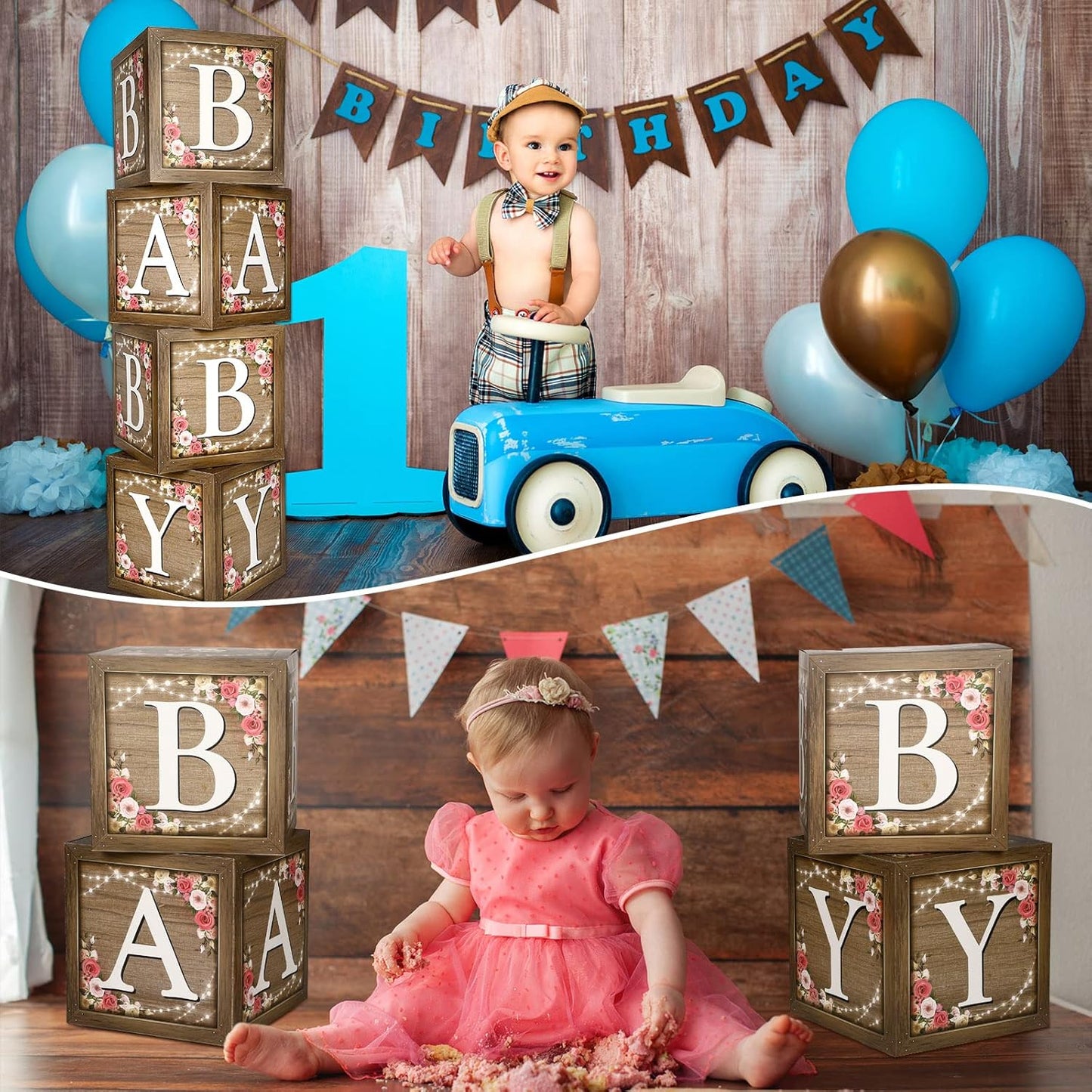 Epakh Baby Boxes with Letters for Baby Shower, Rustic Floral Brown Blocks Bear Box Birthday Party Gender Reveal Photo Props for Girl Boy