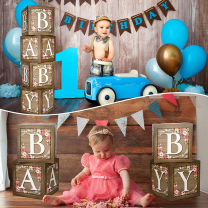 Epakh Baby Boxes with Letters for Baby Shower, Rustic Floral Brown Blocks Bear Box Birthday Party Gender Reveal Photo Props for Girl Boy