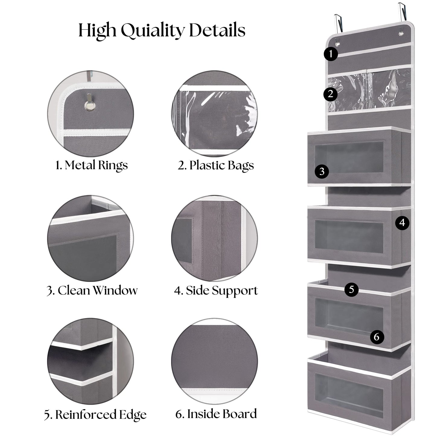Over Door Organizer with 4 Large Capacity Pockets, Hanging Organizer Storage for Closet Bathroom Nursery Bedroom Dorm, Toys Cosmetics Sundries and Baby Essentials, Gray