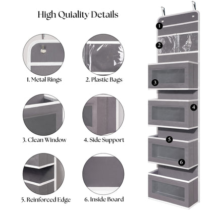 Over Door Organizer with 4 Large Capacity Pockets, Hanging Organizer Storage for Closet Bathroom Nursery Bedroom Dorm, Toys Cosmetics Sundries and Baby Essentials, Gray