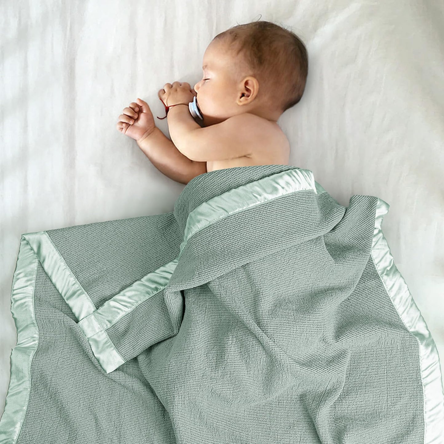 Swaddle Baby Blanket: Waffle Blanket with Satin Strim - Soft Breathable Toddler Blanket for Nursing Cover - Cotton Crib Blanket for Naptime（Cream）
