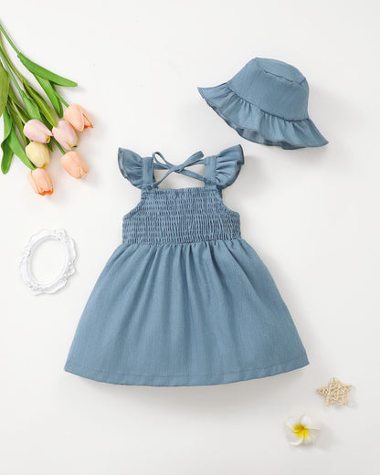 Renotemy Infant Baby Girl Dresses Toddler Girl Clothes Summer Cotton Linen Boho Smocked Sundress Gift for Girls with Hat