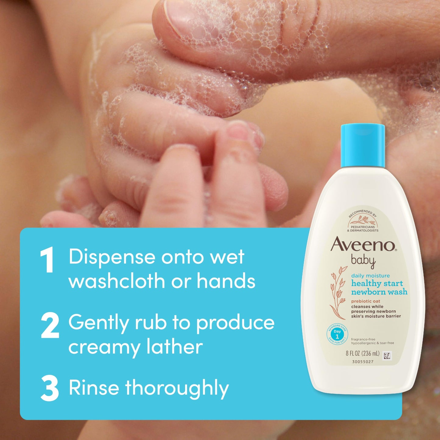 Bundle of Aveeno Baby Healthy Start Newborn Wash, Hypoallergenic Baby Body Wash with Prebiotic Oat, Fragrance-Free, 8 fl. oz + Newborn Balm, Baby Skin Balm with Prebiotic Oat , Fragrance-Free, 5 oz