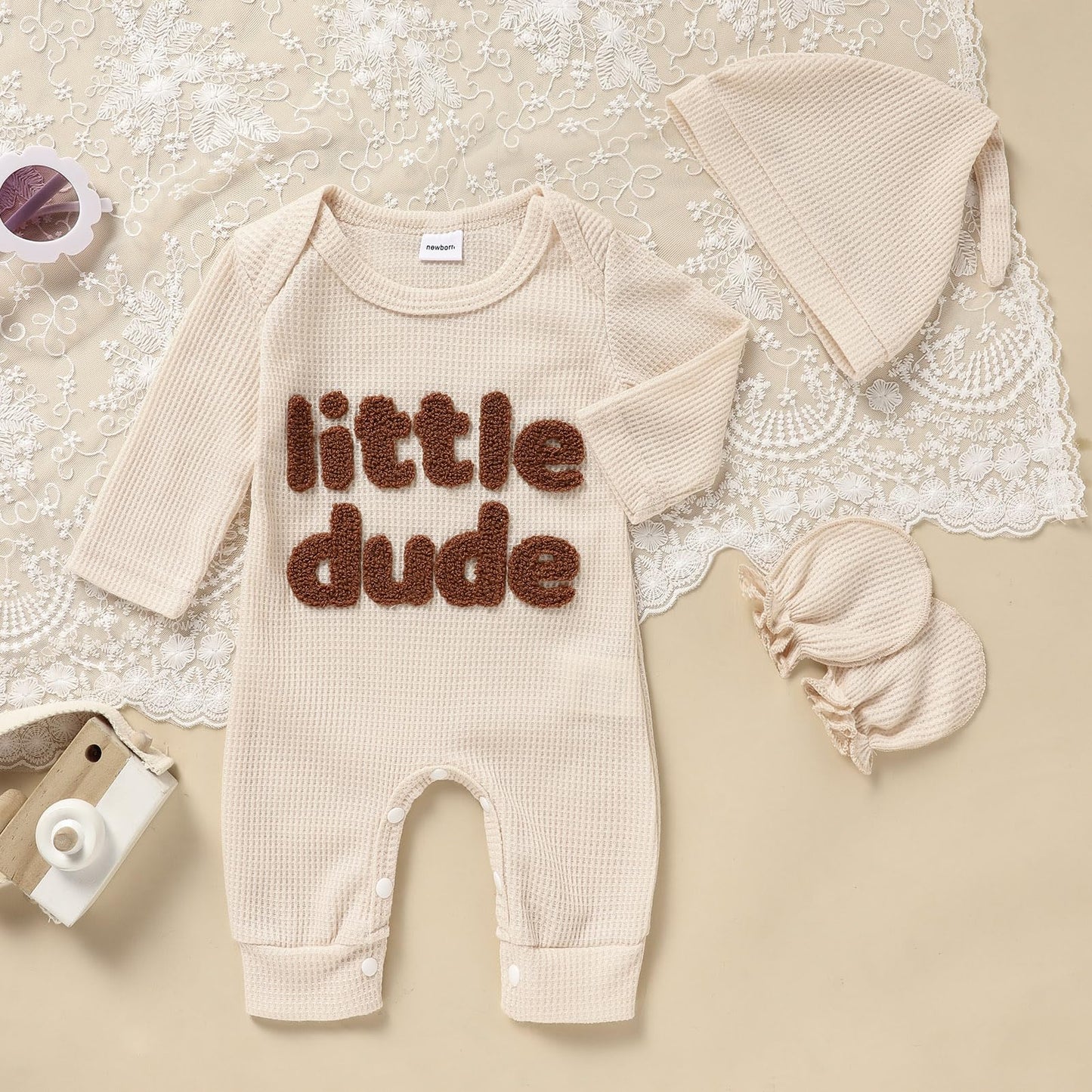 GRNSHTS Newborn Baby Boy Romper Coming Home Outfits Letter Print Bodysuit Jumpsuit+Hat+Gloves 3PCS Clothes Set