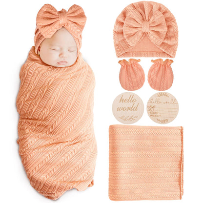 Newborn Receiving Blanket with Bow Hat Mittens Wooden Card Set Wheat-Pattern Newborns Toddler Baby Boy Girl Nursery Swaddle Wrap