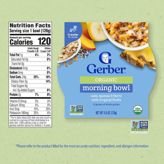Gerber Organic Grain & Grow Morning Bowl, Oats, Red Quinoa & Farro with Tropical Fruits, 4.5 Ounce (Pack of 8)