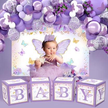 Pink Butterfly Baby Shower Decorations for Girl，Pink Balloon Garland Arch Kit，Pink Butterfly Baby Boxes and Butterfly Backdrop Kit for Baby Shower Butterfly Decorations Birthday Party Decor