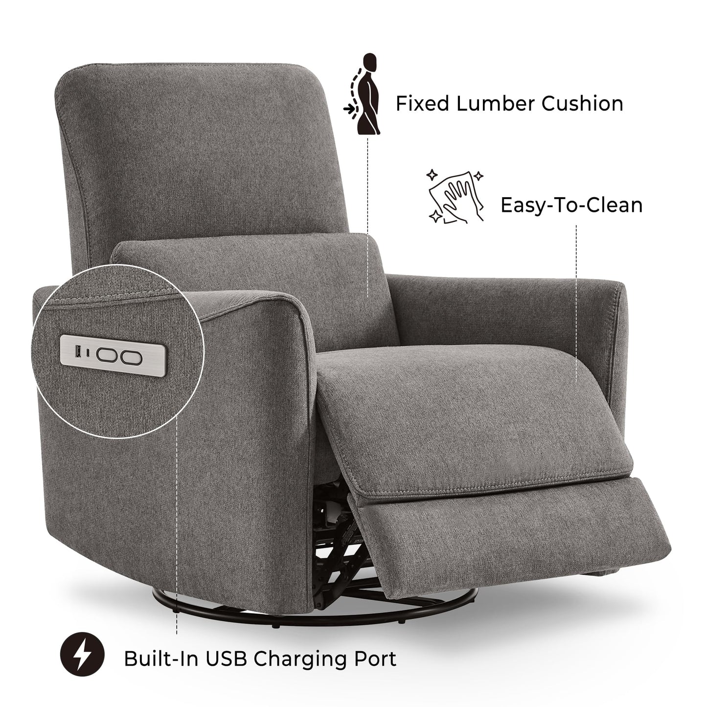 CHITA Power Recliner Chair Swivel Glider, FSC Certified Upholstered Living Room Nursery Reclining Sofa Chair with Lumbar Support, Linen