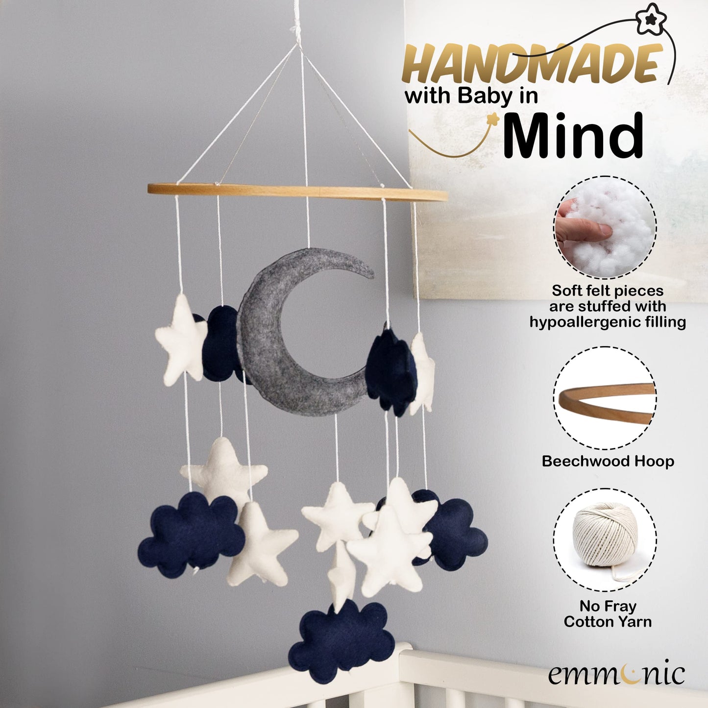 Baby Mobile for Crib - Handmade Modern Boho Baby Mobiles for Bassinet Felt Nursery Mobile Gender Neutral - Gold Moon and Stars - Girl Cribs Decorations