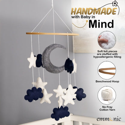 Baby Mobile for Crib - Handmade Modern Boho Baby Mobiles for Bassinet Felt Nursery Mobile Gender Neutral - Gold Moon and Stars - Girl Cribs Decorations