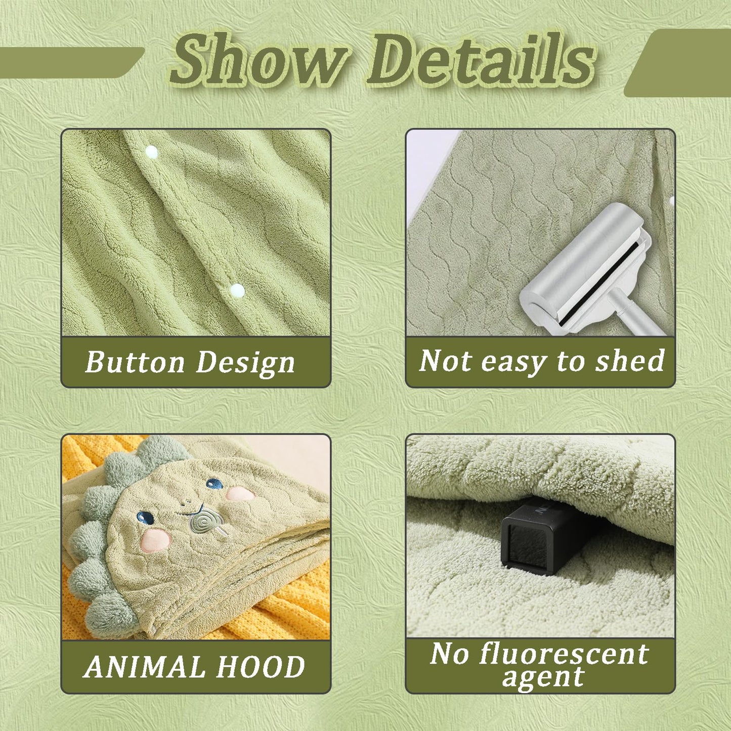 Unisex Toddler Bath Towel with Hood, 27.5"X55", Green, Anime Dinosaur Pattern, Coral Fleece, Machine Wash, 1 Count