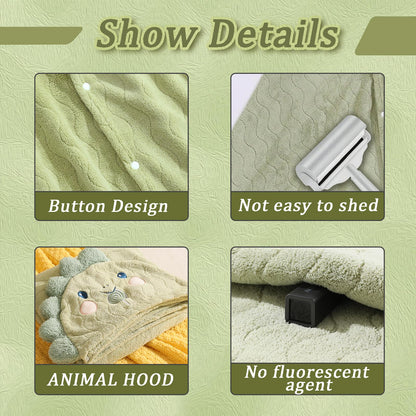 Unisex Toddler Bath Towel with Hood, 27.5"X55", Green, Anime Dinosaur Pattern, Coral Fleece, Machine Wash, 1 Count