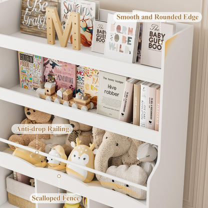 HITHOS 55.3" H Kids Bookshelf with Toy Storage Organizer, Tall Book Shelf with 3 Movable Toy Storage Bins, Large Kids Bookcase with Toy Chest, 39.2" W Modern Toy Box for Kids Room, Playroom, White