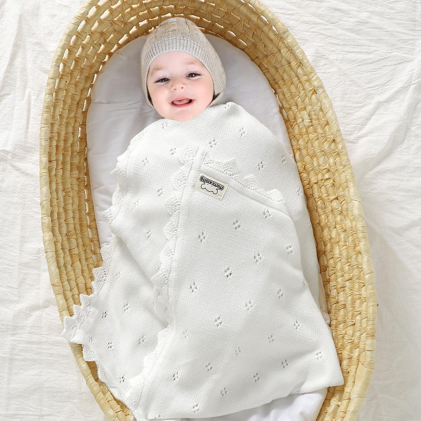 mimixiong Cotton Baby Blanket Knitted Crochet Receiving Crib Nursery Swaddling Blankets for Newborn Baby Boy Girl Off White 30x40 Inch