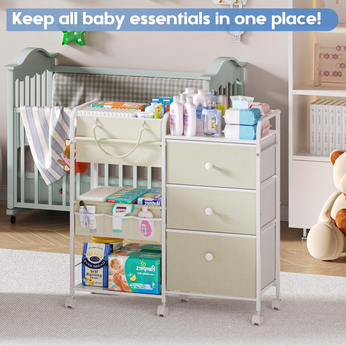 2In1 Baby Diaper Caddy Organizers and Storage, 3-Tier Rolling Diaper Cart, Diaper Caddy Organizer with Dividers and Drawers, Mobile Utility Cart for Changing Table, Crib Nursery, Bedroom