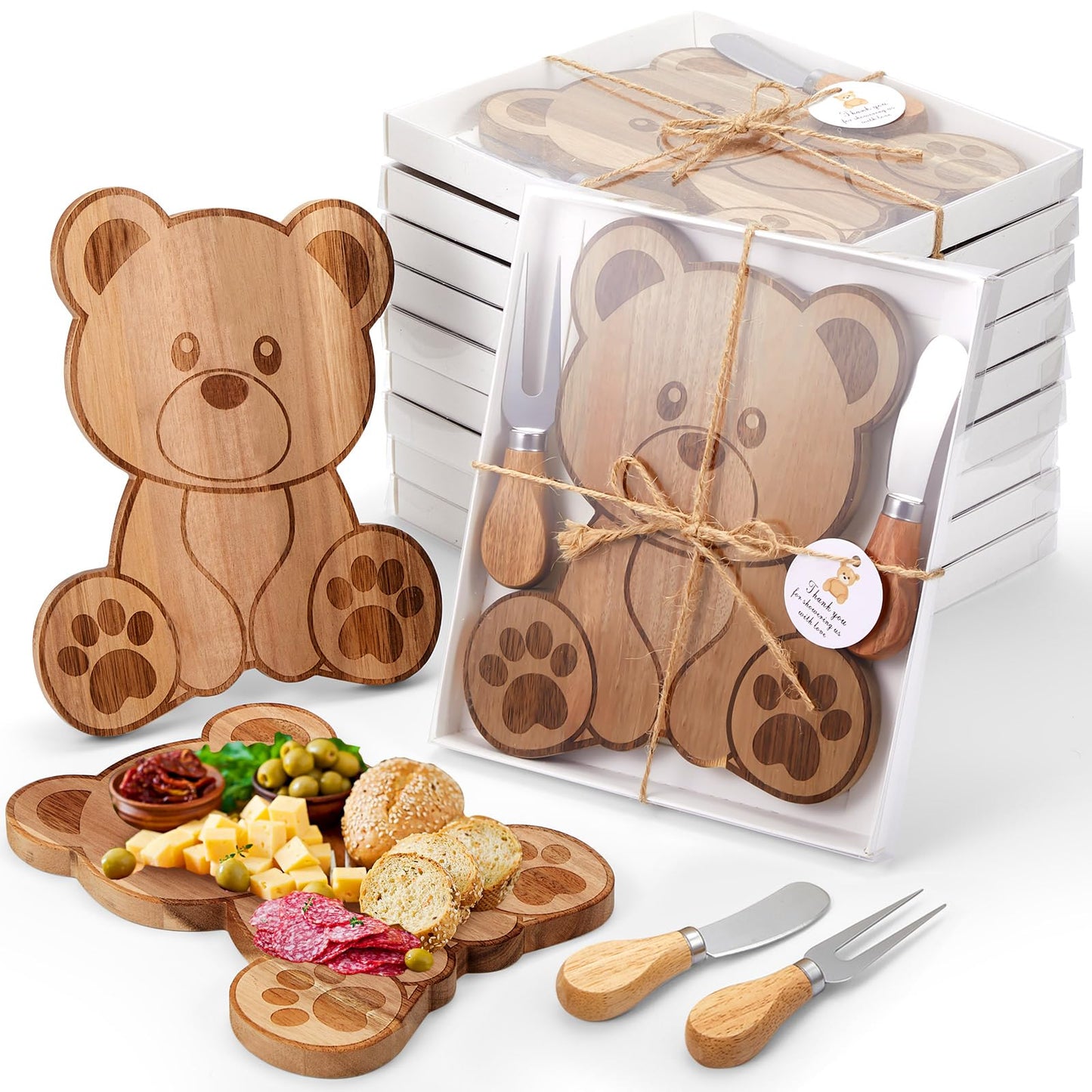 1 Set Baby Shower Party Favors Bear Shaped Cheese Board Set, Include Small Wood Cutting Charcuterie Boards with Knives and Forks Gift Box for Wedding Bridal Shower Birthday (Acacia Color)