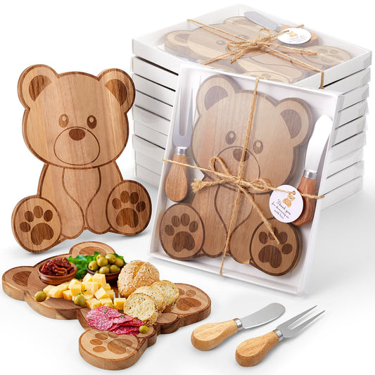 1 Set Baby Shower Party Favors Bear Shaped Cheese Board Set, Include Small Wood Cutting Charcuterie Boards with Knives and Forks Gift Box for Wedding Bridal Shower Birthday (Acacia Color)