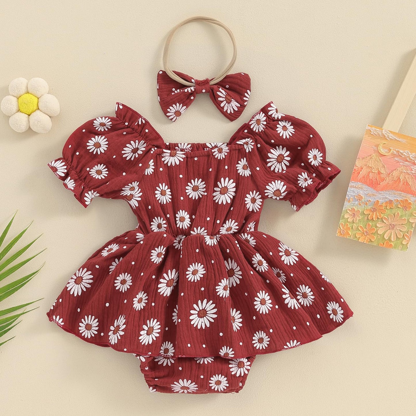 Baby Girls Daisy Romper Bowknot Bodysuit+Headband Short Sleeve Playsuits Floral Jumpsuit Infant Summer Clothes