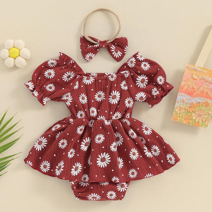 Baby Girls Daisy Romper Bowknot Bodysuit+Headband Short Sleeve Playsuits Floral Jumpsuit Infant Summer Clothes