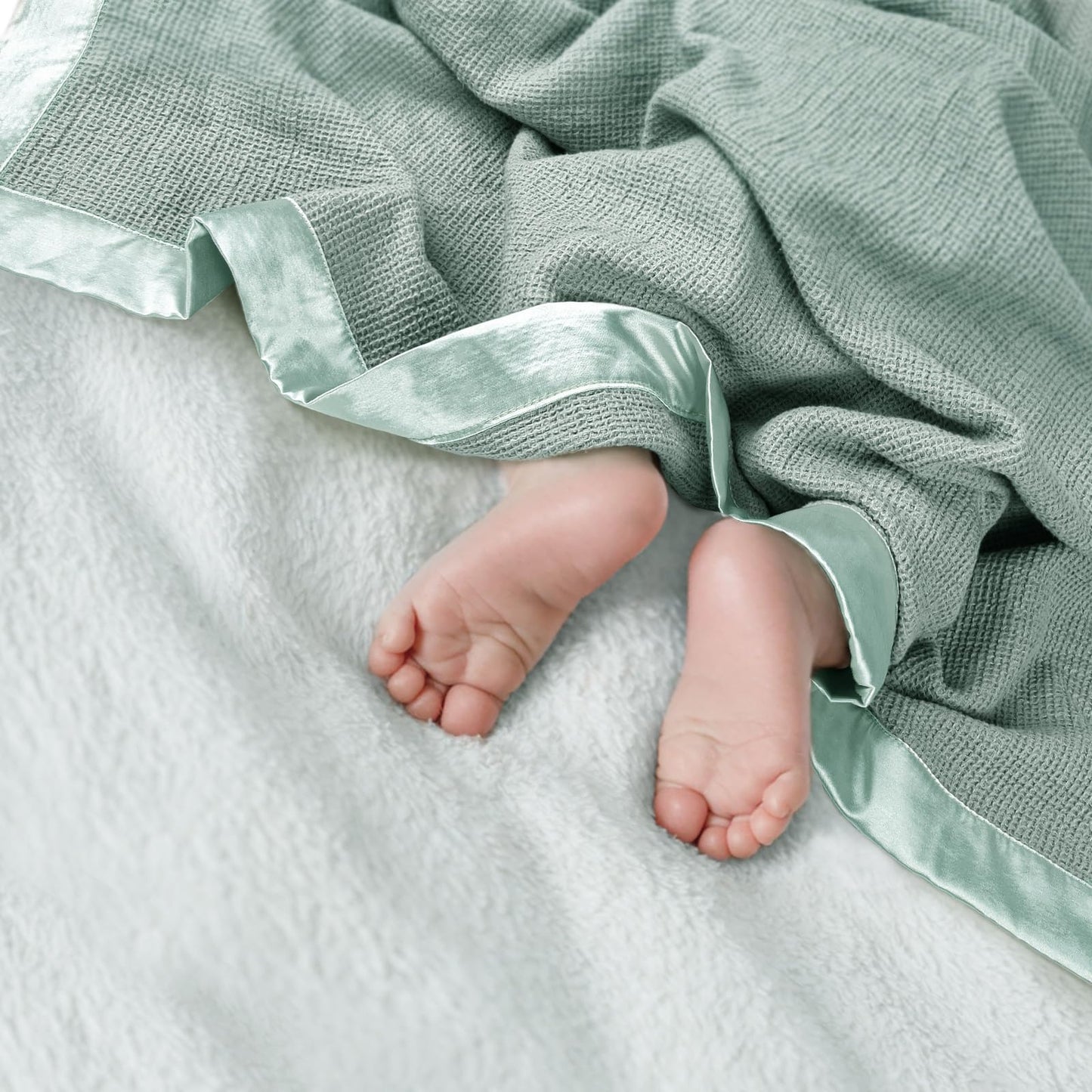 Swaddle Baby Blanket: Waffle Blanket with Satin Strim - Soft Breathable Toddler Blanket for Nursing Cover - Cotton Crib Blanket for Naptime（Cream）