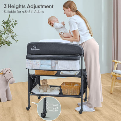 BabyBond Portable Baby Changing Table with 2 Storage Baskets, Foldable Changing Table Dresser Waterproof Diaper Changing Table Height Adjustable Changing Station for Infant and Newborn(Beige)