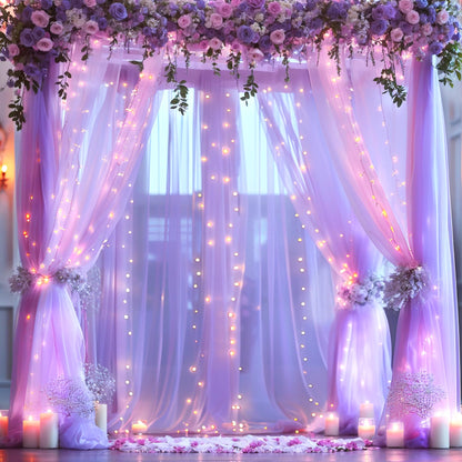 White Tulle Backdrop Curtain with Lights String for Parites 10×8ft Sheer Backdrop Curtains White Curtain Backdrop for Wedding Baby Shower Birthday Party Photo Shoot Decorations(2 Panels 10ft×8ft)
