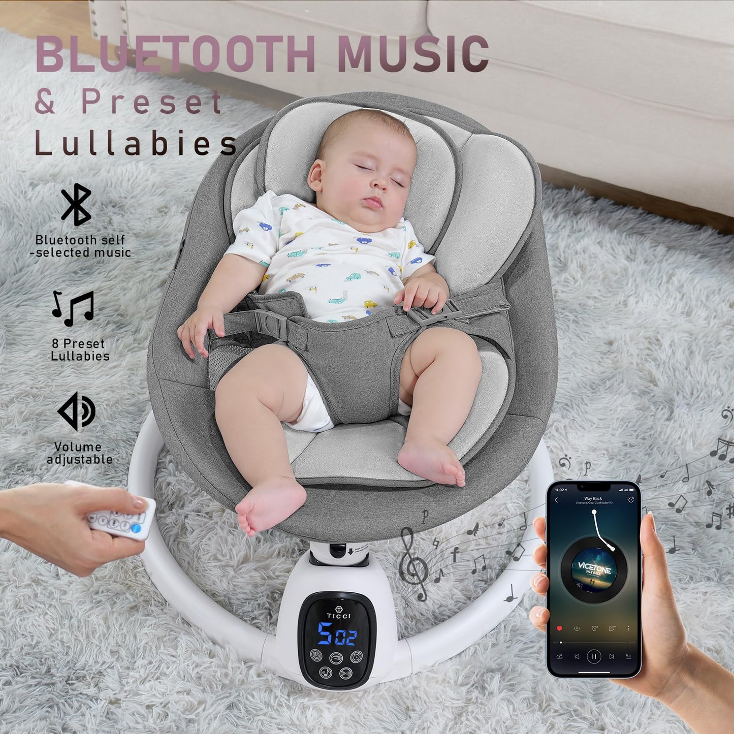 T TICCI Baby Swings for Infants, Smart Portable Baby Swing for Newborn, Bluetooth Infant Swing with Music Speaker, Remote Control Indoor Rocker with 5 Sway Speeds, 0-6 Months, Pink