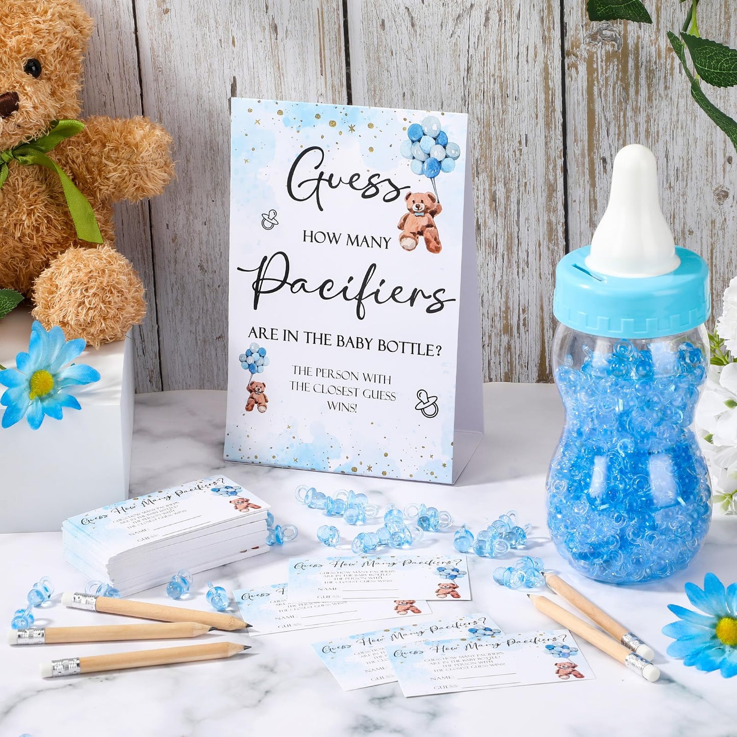 Roowest 512 Pcs Baby Shower Games Guess How Many Pacifiers Sign 100 Small Guessing Games 10 HB Pencils 750ml Milk Bottle 400 Acrylic Pacifiers Decoration for Guest Gender Reveal(Pink,Bear)