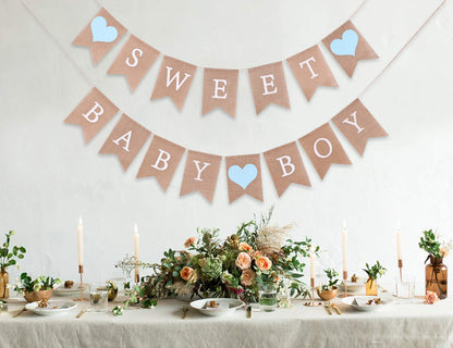 Sweet Baby Boy Burlap Banner - Rustic Baby Shower Decorations, Photo Props (Sweet Baby Boy Blue)