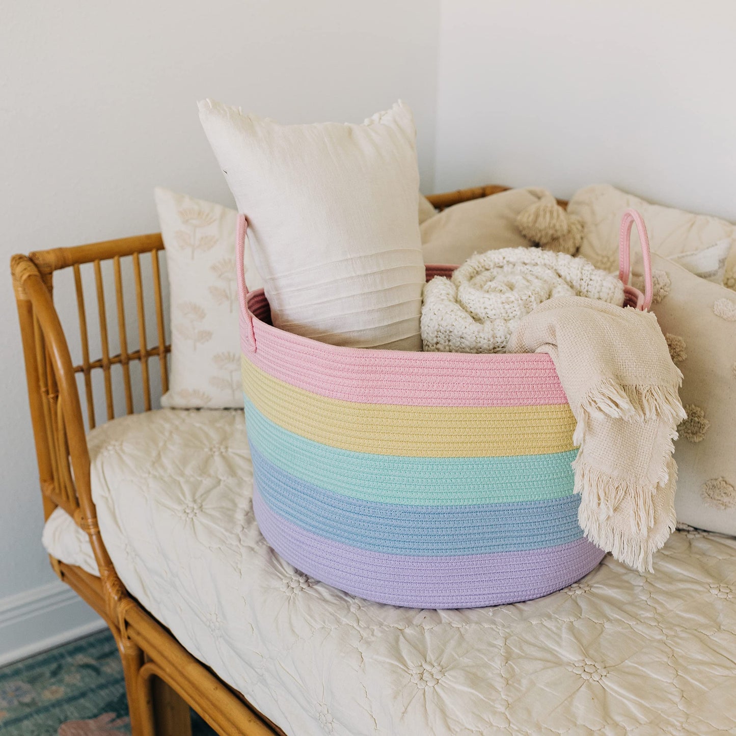 OrganiHaus Large Blanket Basket for Living Room 20x13, Rainbow Rope Basket for Classroom Organization, Toy Storage Basket, Woven Kids Laundry Basket, Baby Toy Box, Cute Storage Basket, Nursery Hamper