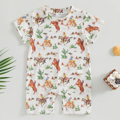 Gueuusu Country Baby Clothes Boy Girl Western Cow Print Short Sleeve Romper Bodysuit Ribbed One Piece Jumpsuit Summer Outfit