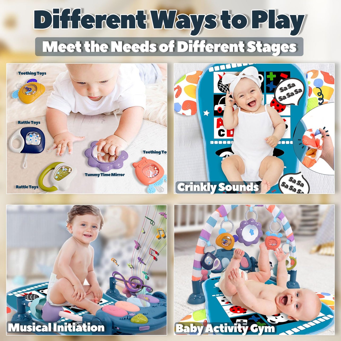 Baby Play Gym for 0-6 Months, High Contrast Tummy Time Mat, Kick and Play Piano, Music and Lights, Newborn Gifts for Girls, Pink