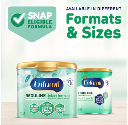 Enfamil Reguline Baby Formula, Milk-Based Infant Nutrition, Dual Prebiotics for Soft, Comfortable Stools within 1 Week of Use, Omega-3 DHA for Immune Support, Reusable Powder Tub, 19.5 Oz