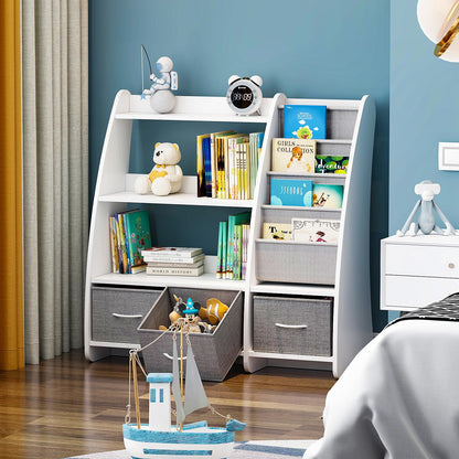 White Kids Bookshelf Wood Toy Storage Organizer Cabinet Children Bookcase Toddler Baby Sling Book Rack 3 Cube Bins Fabric Drawers for Playroom Bedroom Nursery School